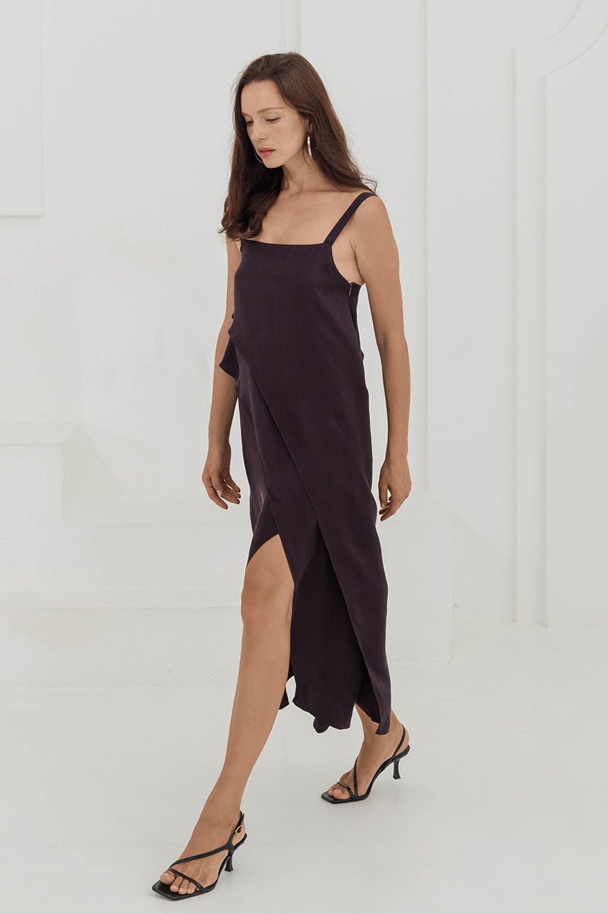 Soft, eco-friendly asymmetric dress in plum by Su By Hand