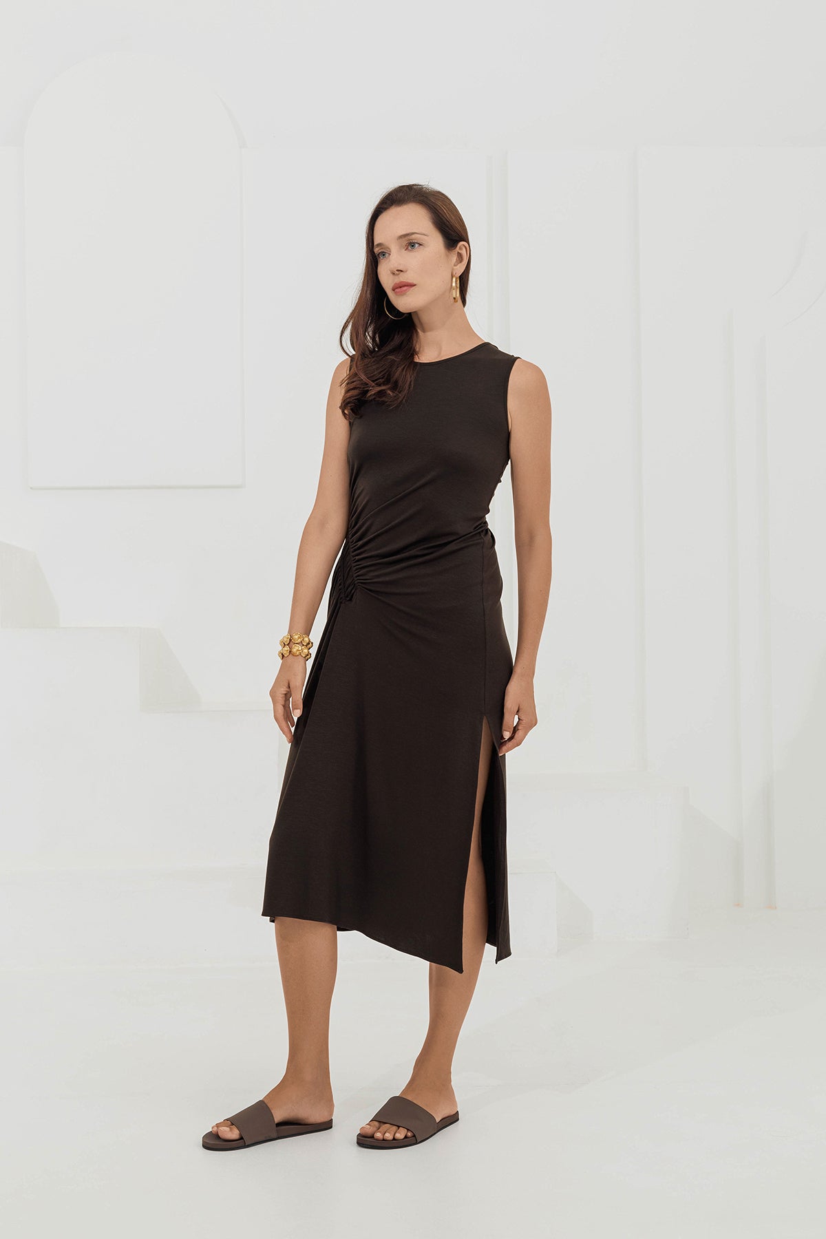 CELIA Asymmetric Ruched Waist Dress - Moss Brown