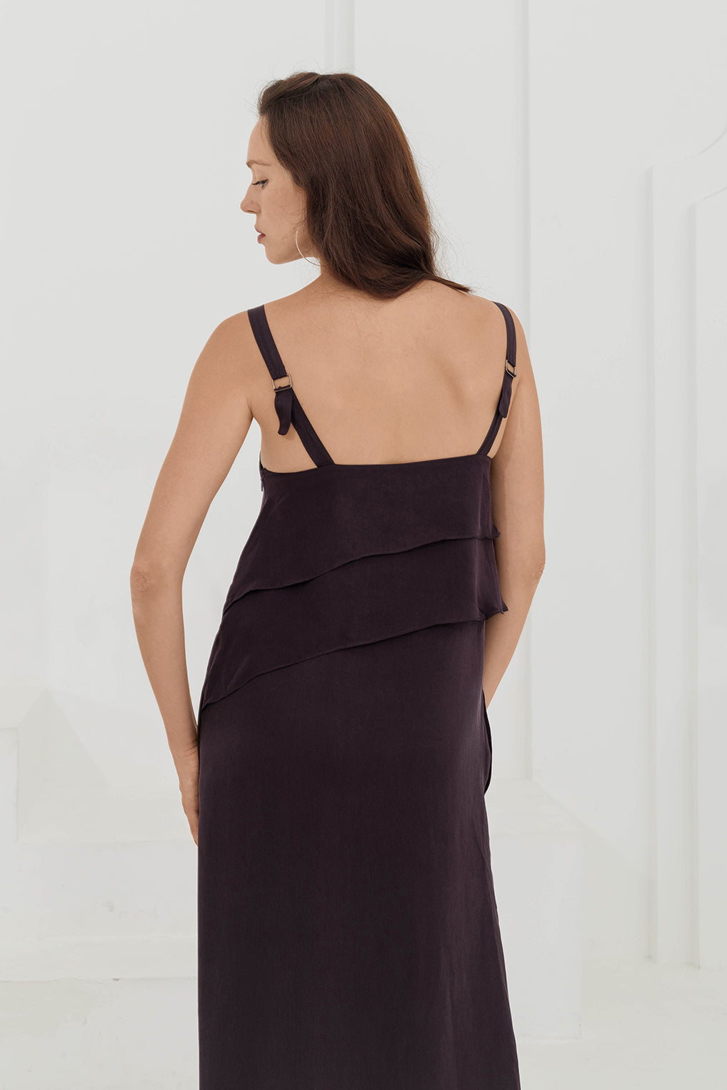 Soft, eco-friendly asymmetric dress in plum by Su By Hand