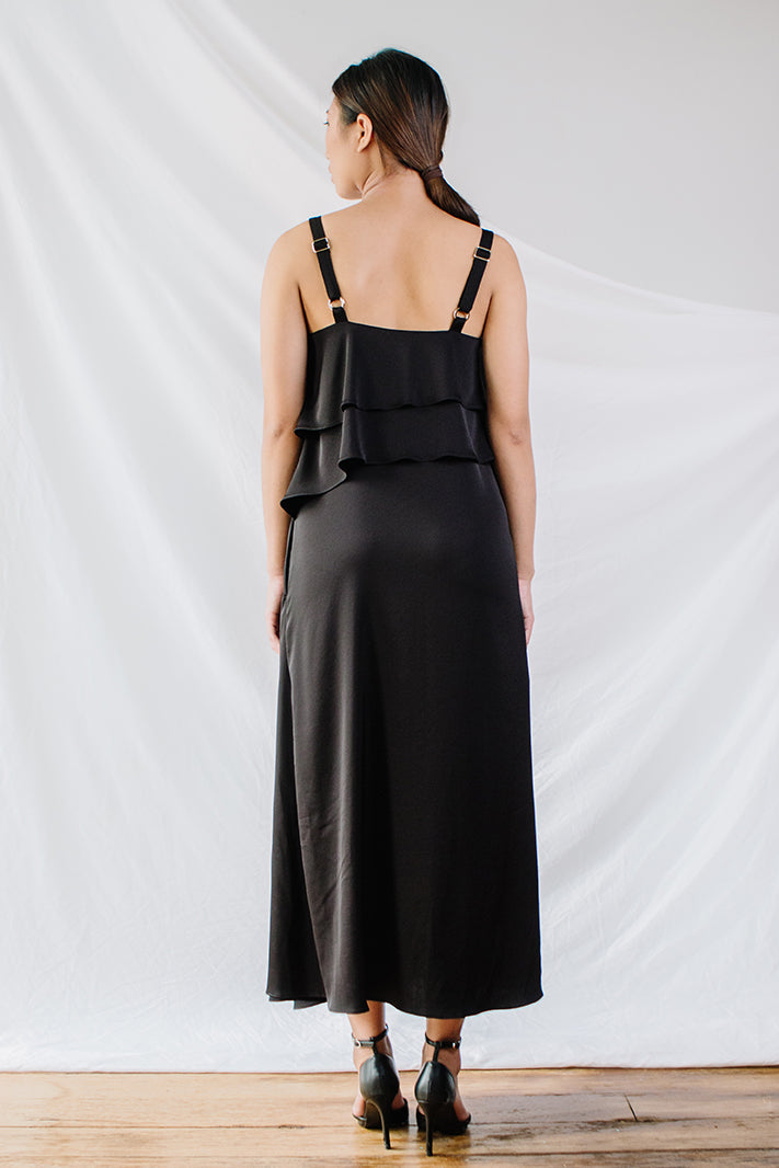 Eco-friendly black assymetric layered triacetate dress by Su By Hand