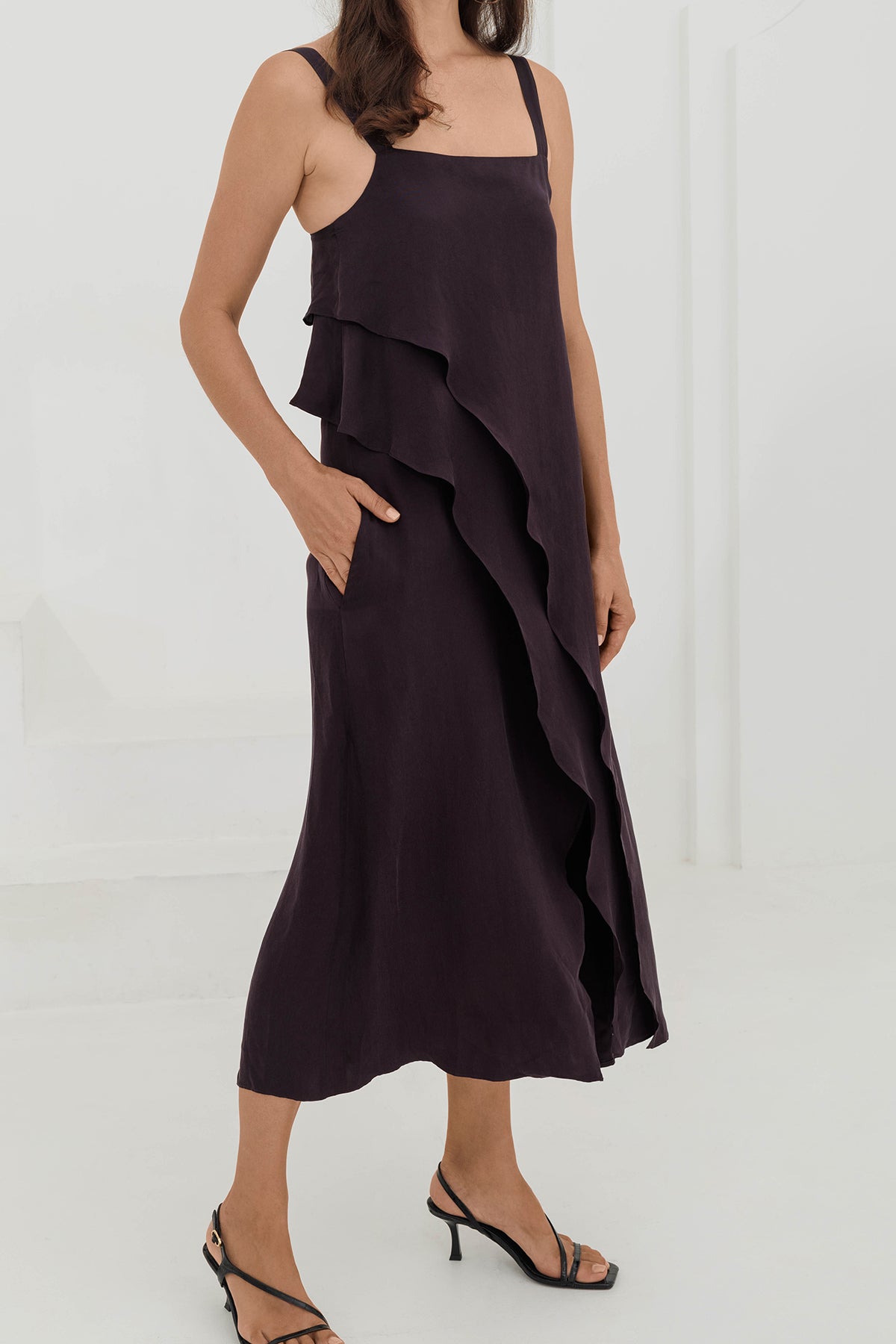 Soft, eco-friendly asymmetric dress in plum by Su By Hand