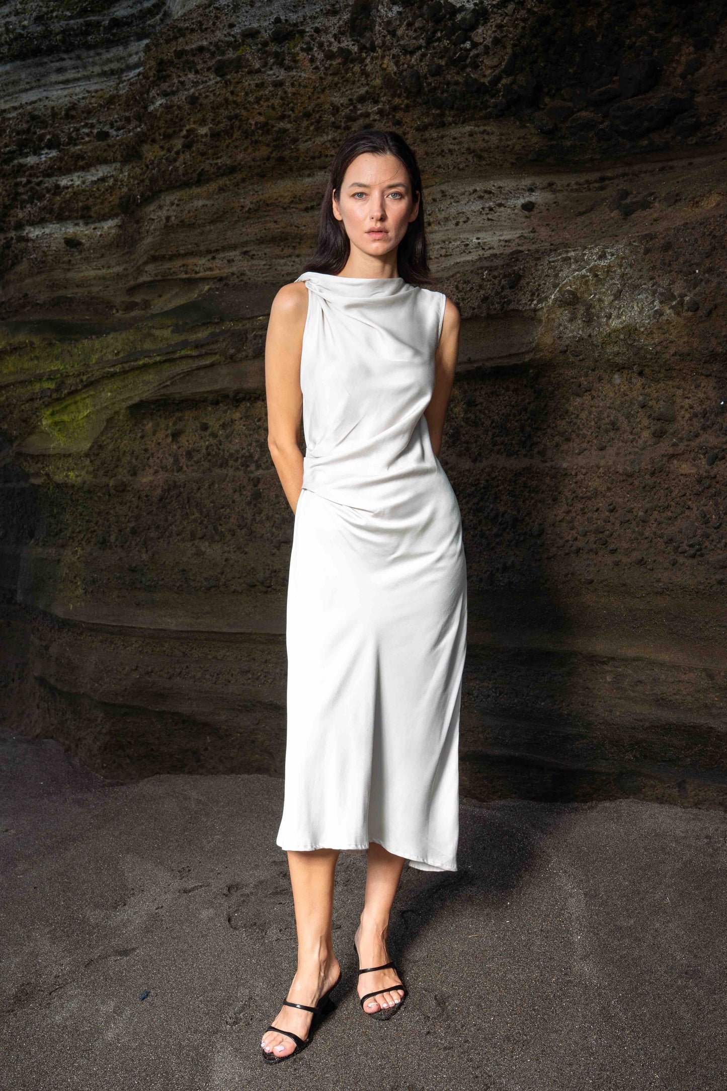 EFI Asymmetric Bateau Neck Dress - Cloud